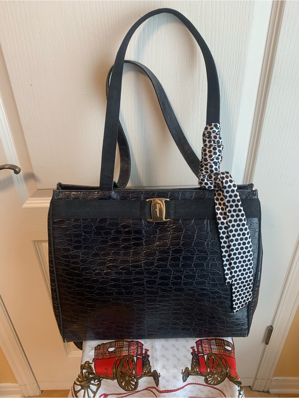 Salvatore Ferragamo Black Croc-Embossed Tote with Gold Accent